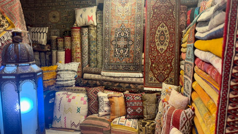 A rug store filled with colorful goods in Rabat