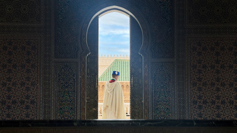 A soldier guards the Mausoleum of Mohammed V in Rabat.