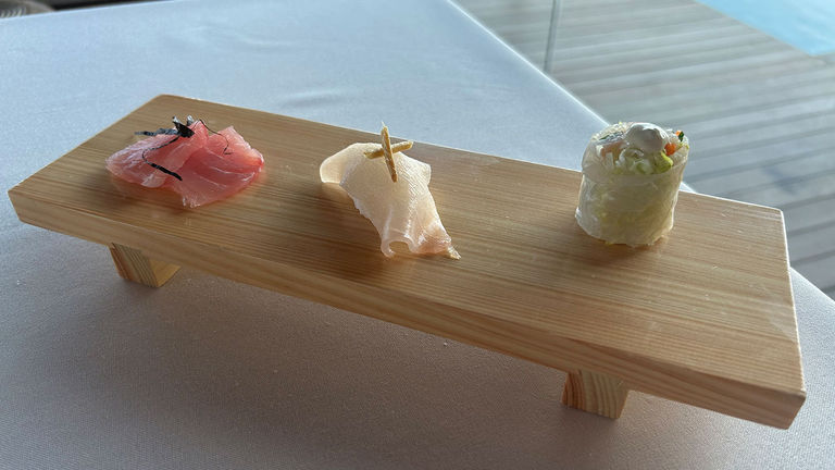 An Asian-inspired meal at Maere began with a selection of sushi and sashimi bites.