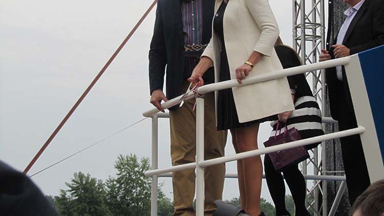 Kristin Karst, the godmother of AmaKristina, cut a ribbon that sent a bottle of champagne crashing into the ship’s hull. // © 2016 Elizabeth Dupuis