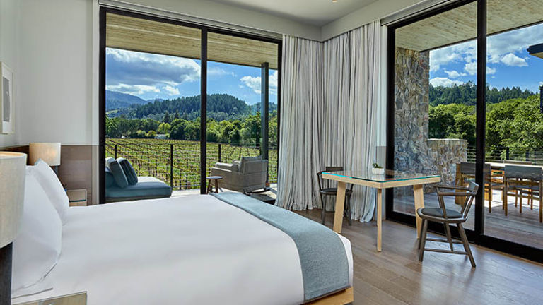 Most guestrooms face a vineyard belonging to next-door neighbor Beringer Vineyards. // © 2017 Las Alcobas, a Luxury Collection Hotel, Napa Valley