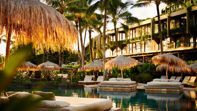 The main swimming pool is on the ground floor near the private beach.