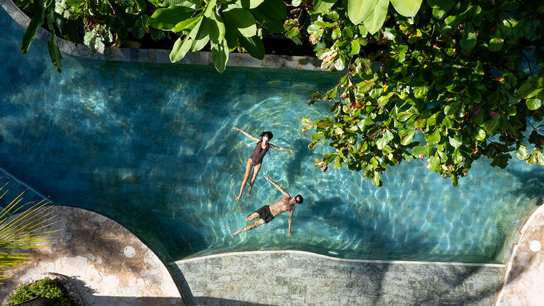 The pool is surrounded by tropical foliage.
